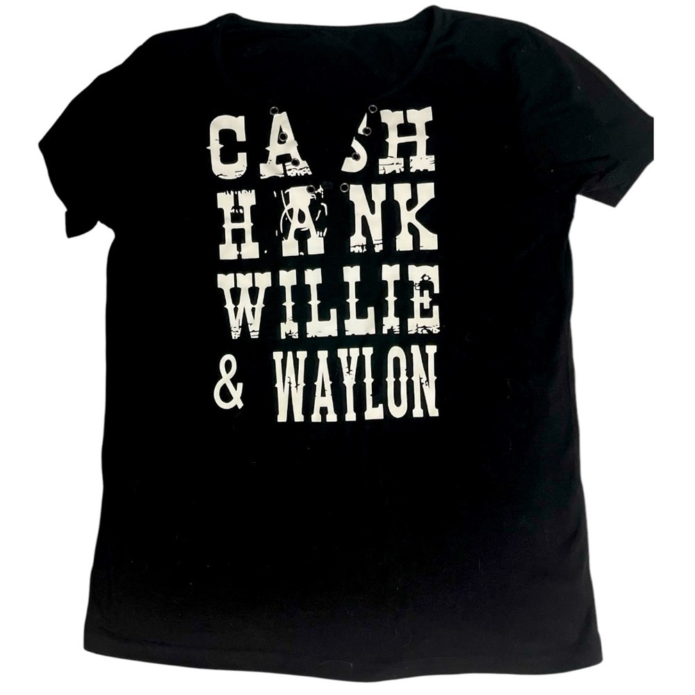 Cash‎ Hank Willie Waylon Graphic T Shirt Women’s Medium Black V Neck NWOT